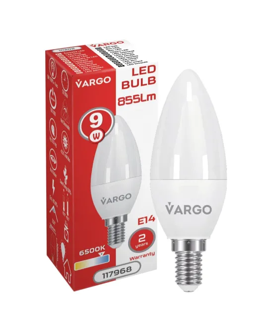 Светодиодная лампа экономка, LED лампа, холодный белый свет VARGO C37 9W E14 855lm 6000K (V-117968) (Светодиодные ЛЭД лампочки) Светодиодная лампа экономка, LED лампа, холодный белый свет VARGO C37 9W E14 855lm 6000K (V-117968) (Светодиодные ЛЭД лампочки)